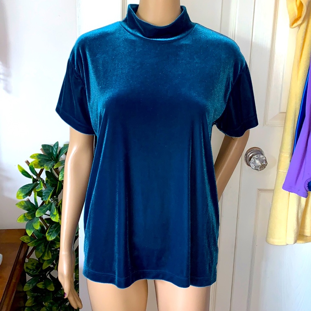 Vintage 90s teal turquoise spandex Stretch velour mock neck shirt top L
